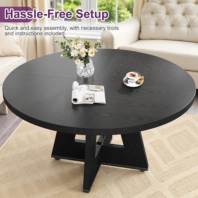 Round Dining Table for 4, 47" Wooden Kitchen Dinner Table Rustic, Farmhouse Table for Dining Room, Living Room, Black