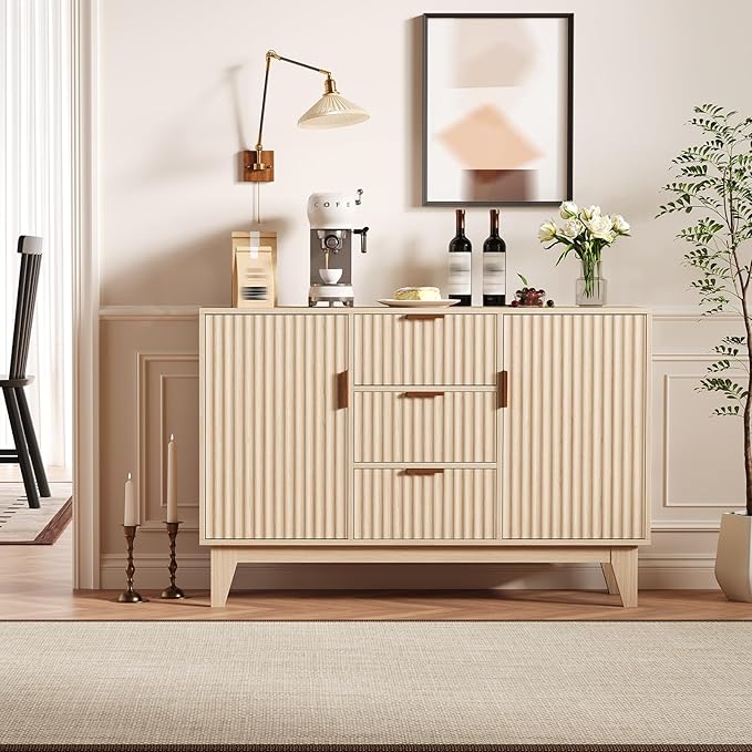 Garvee 47.2" Fluted Buffet Cabinets with Storage, Sideboard Storage Cabinet with 3 Drawers and 2 Doors, Modern Mid Century TV Stand Coffee Bar Furniture for Living Room, Kitchen, Entryway- Oak