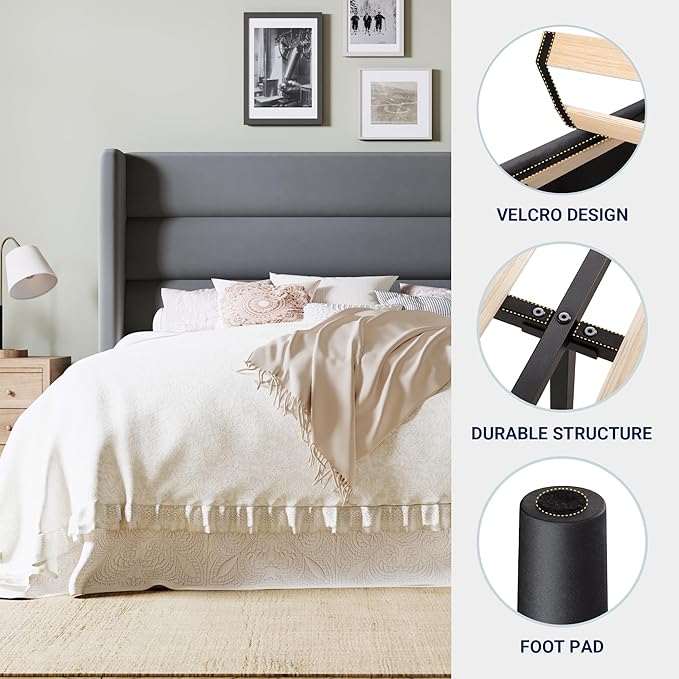 Allewie Full Size Platform Bed Frame with Velvet Upholstered Wingback Headboard, No Box Spring Needed, Under Bed Storage Space, Strong Wooden Slats, Modern Mattress Foundation, Easy Assembly, Grey