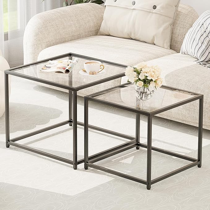 Garden 4 you Coffee Table Set of 2, Modern Glass Nesting Table, Metal Frame Square Center Table Set, Side Tables, Nesting Coffee Table for Living Room, Bedroom and Small Spaces, 23.6in Black