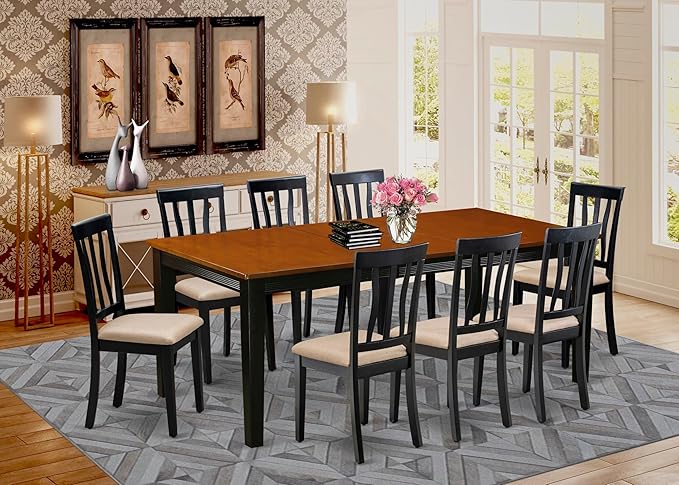 East West Furniture QUAN9-BCH-C 9 Piece Kitchen Table Set Includes a Rectangle Dining Table with Butterfly Leaf and 8 Linen Fabric Dining Room Chairs, 40x78 Inch, Black & Cherry