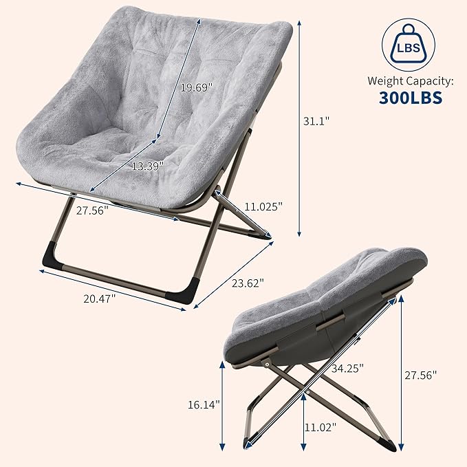 Comfy Chair for Adults, Foldable Living Room Chairs, Soft Faux Fur Folding Lounge for Bedroom Living Room Dorm Rooms, Flexible Reading Chair for Teens (1, Gray, X-Large)
