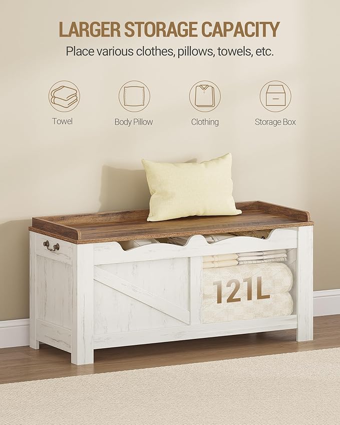 39.4" Storage Chest, Extra Large Storage Trunk with 2 Safety Hinges, Wooden Box Bench, Lift-Top Organizer Chest, Shoe Bench for Entryway, Bedroom, Living Room, White and Brown SB04514B