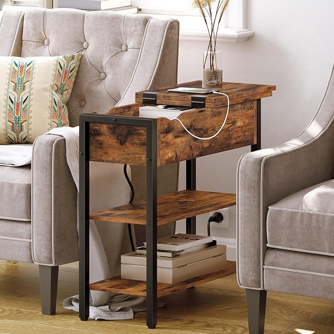 HOOBRO Set of 2 End Tables, Side Table with Charging Station, Flip Top Nightstand with USB Ports and Outlets, Bedside Tables with Shelf for Small Spaces, Living Room, Bedroom, Rustic Brown BF341BZP201