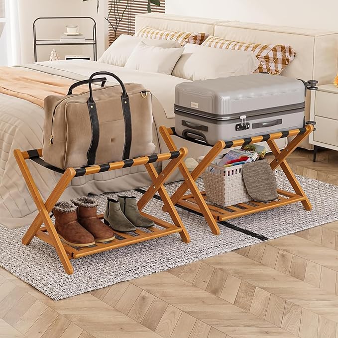Pack of 2 Fully Assembled Bamboo Luggage Racks with Shoe Shelf, 5 Heavy-Duty Straps Folding Suitcase Stand, Luggage Holders for Guest Room Must Haves, Ideal for Bedroom, Hotel, Honey Oak