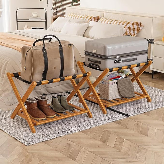 Pack of 2 Fully Assembled Bamboo Luggage Racks with Shoe Shelf, 5 Heavy-Duty Straps Folding Suitcase Stand, Luggage Holders for Guest Room Must Haves, Ideal for Bedroom, Hotel, Honey Oak