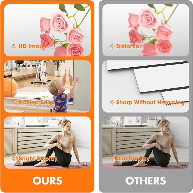 Hasipu Home Gym Mirror 48" L x 24" W - 2PCS Large Full Body Mirror for Yoga, Wall-Mounted Mirrors for Fitness, Garage, Dance Studio, 0.16in Tempered Glass Frameless