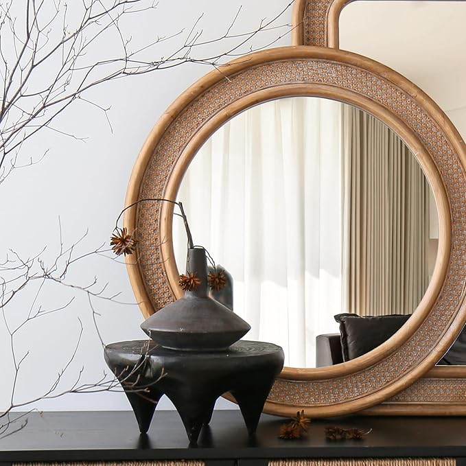 Micasso Round Rattan Wall Mirror: 30" Purely Handmade Wooden Frame Wicker Mirror - Rustic Shabby Chic Boho Bamboo Mirrors for Farmhouse/Bathroom/Bedroom/Living Room/Entryway/Home Decor