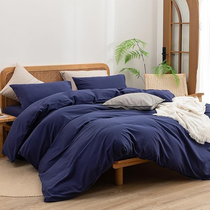 BESTOUCH Duvet Cover Set 100% Washed Cotton Linen Feel Super Soft Comfortable Chic Lightweight 3 PCs Home Bedding Set Solid Navy Blue Super King
