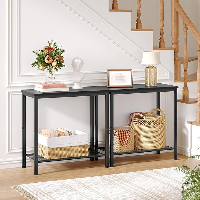 Hoctieon 2 Tier End Table, Sofa Side Table, Narrow Side Shelf with Storage, Slim Nightstand for Small Spaces, Metal Frame, for Living Room, Bedroom, Sofa Couch, Hall, Black, 2 Set