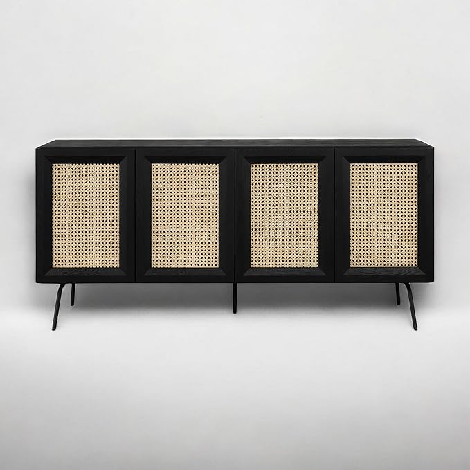 NTC MOSSIC Modern Sideboard with 4 Doors, Natural Rattan Storage Cabinet, Buffet with Metal Legs, Boho Accent Cabinet for Living Room, and Entryway, Effortless Assembly - Burnt Black