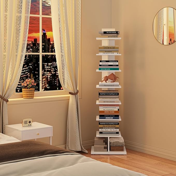 TUTOTAK Narrow Bookshelf, 8-Tier Bookcase, Spine Book Shelf for Small Space, Corner Standing Shelf for Living Room, Office, Study, Entryway, White BS06BW008
