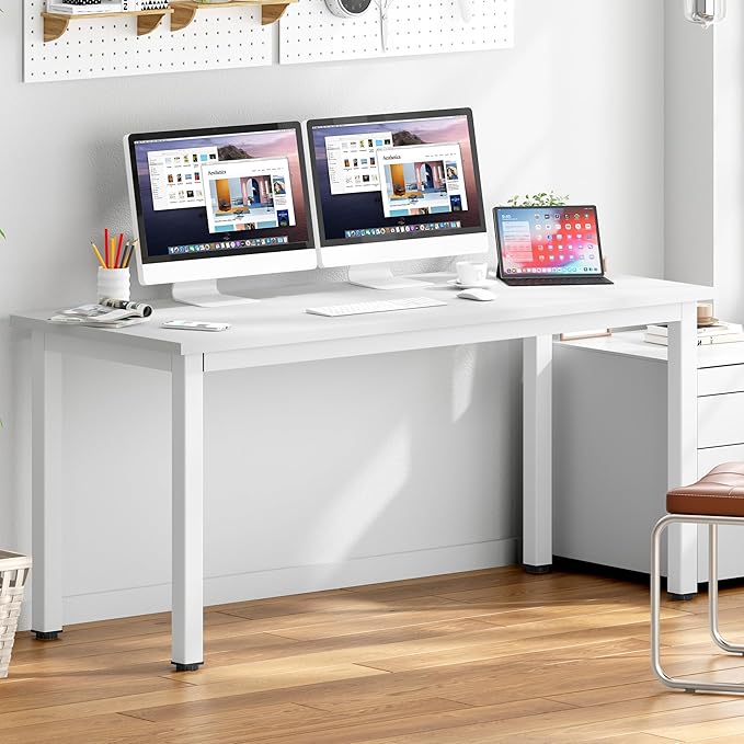 DlandHome 63 inches X-Large Computer Desk, Composite Wood Board School Desk, Decent and Steady Home Office Desk/Workstation/Table, BS1-160WW, White and White Legs, 1 Pack