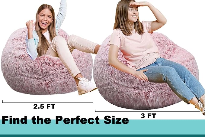 Fluffy Bean Bag Chair, 3FT Round Memory Foam Filled Bean Bag for Teens & Kids, Ultra Soft Faux Fur Fabric Bean Bag Chairs for Playroom, Living Room, Bedroom,Pink