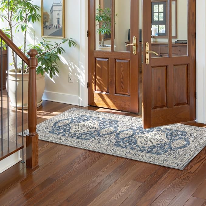Lahome Oriental Kitchen Runner Rug Non Slip, 2x5 Washable Hallway Runner with Rubber Backing, Vintage Hallway Rug Ultra-Thin Soft Carpet for Bedroom Bathroom, Blue