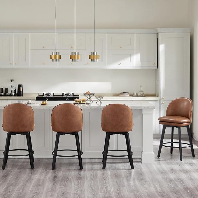 Counter Height Barstools 26 inch Upholstered Swivel Bar Stools with Back and Wood Legs for Kitchen Island,Set of 4,Brown PU Leather-Armless