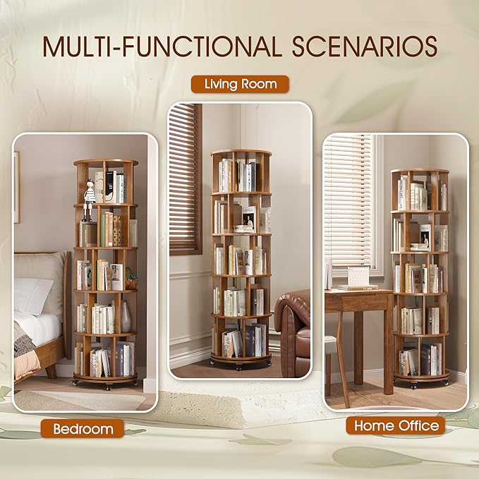 5 Tier Rotating Bookshelf Tower Spinning Bookshelf with Swivel Wheels Book Shelf Rotating Storage Tower for Kids Adult Narrow Walnut Solid Wood Revolving Bookcase Organizer for Bedroom Living Room