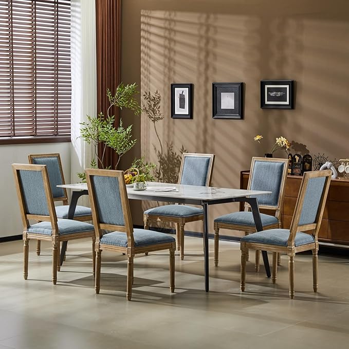 Merax Upholstered Solid Wood Dining Chairs Set of 6, French Country Style Accent Side Seating Furniture for Kitchen, Living Room, Cushioned Back, Slate Blue