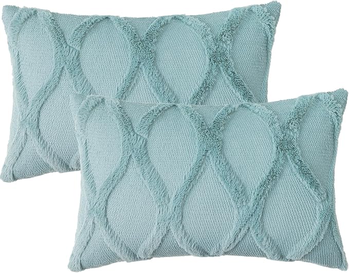 decorUhome Throw Pillow Covers 12x20 Inch Set of 2, Soft Plush Faux Fur Wool Lumbar Aqua Couch Pillow Covers, Decorative Neutral Pillow Cases for Bed Sofa Living Room Home Decor
