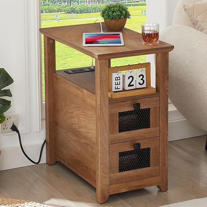 Farmhouse XXL End Table with Charging Station, Narrow Side Table with USB Ports and Outlets, Nightstand with 2 Drawers Storage, Bedside Tables for Living Room, Bedroom, Wooden Color