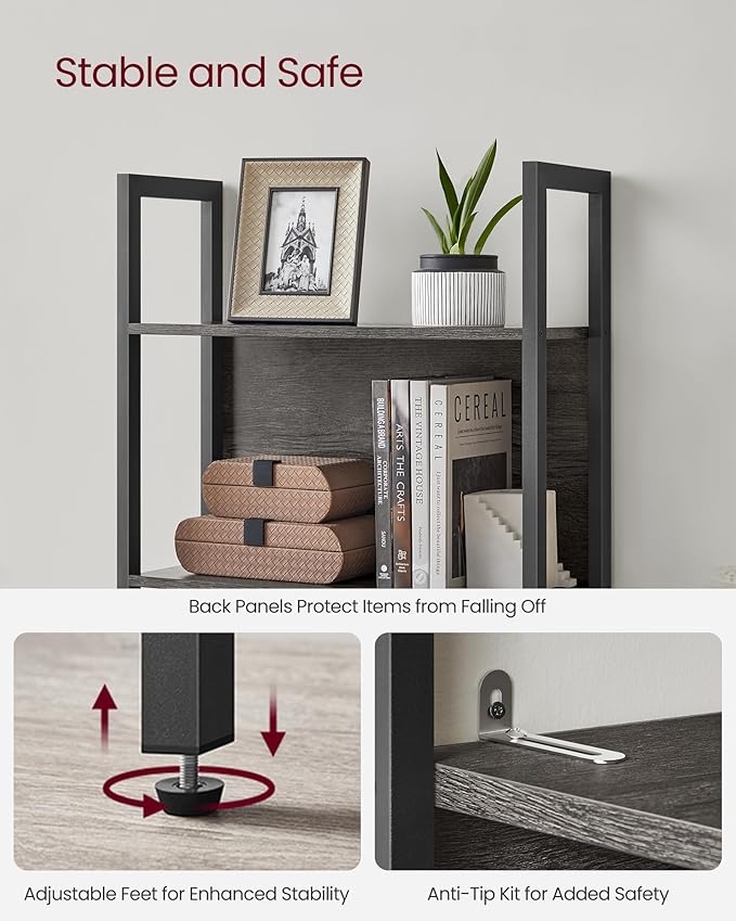 VASAGLE 5-Tier Bookshelf, Book Shelf, Industrial Bookcase, with Steel Frame, for Living Room, Home Office, Bedroom, 9.4 x 24.4 x 65 Inches, Charcoal Gray and Black ULLS025B04