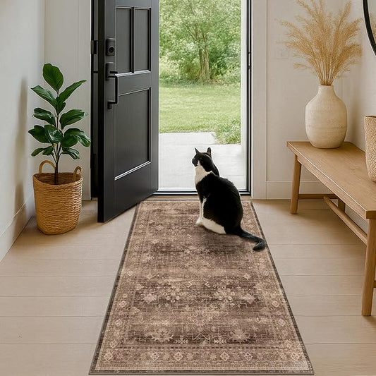 Brown 2x5 Entryway Runner Rugs, Small Runners for Kitchen, Door Mat Indoor Entrance, Bathroom, Non-Slip Low-Pile Washable Stain Resistant, Vintage Taupe Earthy Decor