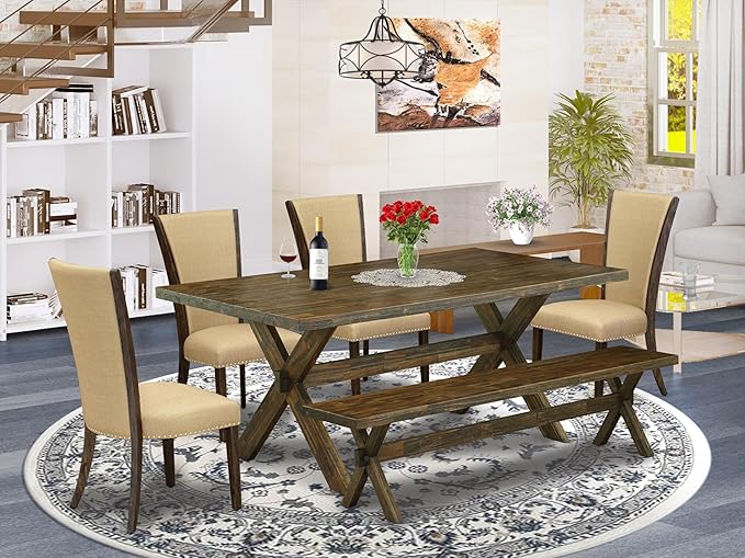 East West Furniture X777VE703-6 6 Piece Dining Set Contains a Rectangle Dining Room Table with X-Legs and 4 Brown Linen Fabric Parson Chairs with a Bench, 40x72 Inch, Multi-Color
