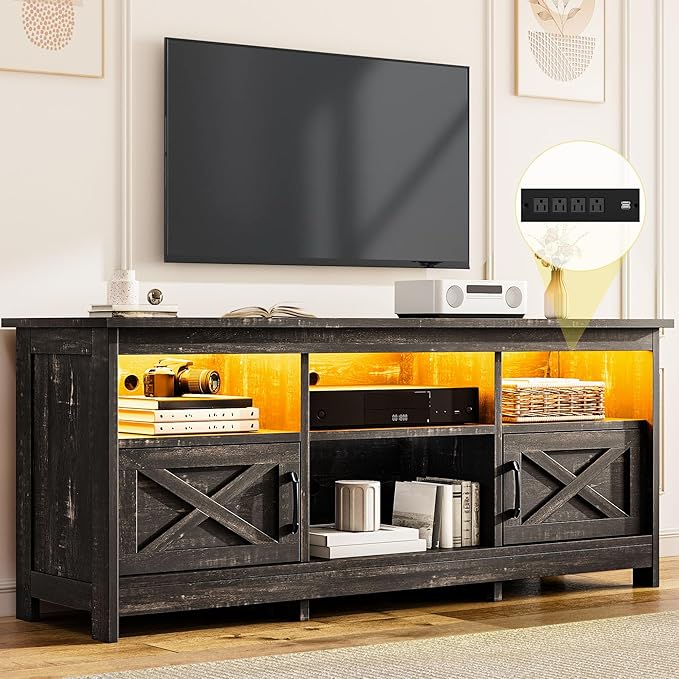 DWVO TV Stand for up to 65 Inch TV, Entertainment Center with Storage, TV Cabinet with Power Outlet & LED Light Strip, Media Console Television Stands for Living Room, Dark Rustic Oak