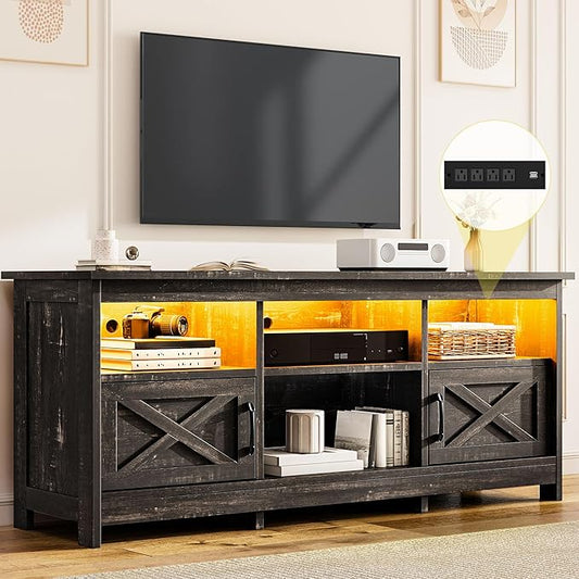 DWVO TV Stand for up to 65 Inch TV, Entertainment Center with Storage, TV Cabinet with Power Outlet & LED Light Strip, Media Console Television Stands for Living Room, Dark Rustic Oak