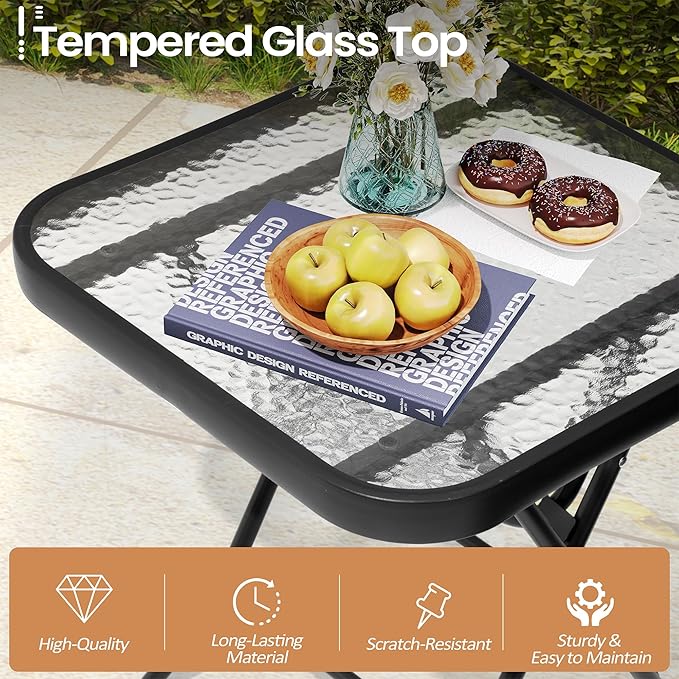 Foldable Outdoor Side Table with Tempered Glass Top Square 18" Folding Patio Side Table Small Glass End Tables for Patio Porch Yard Balcony Deck Lawn Dining Garden (Black)