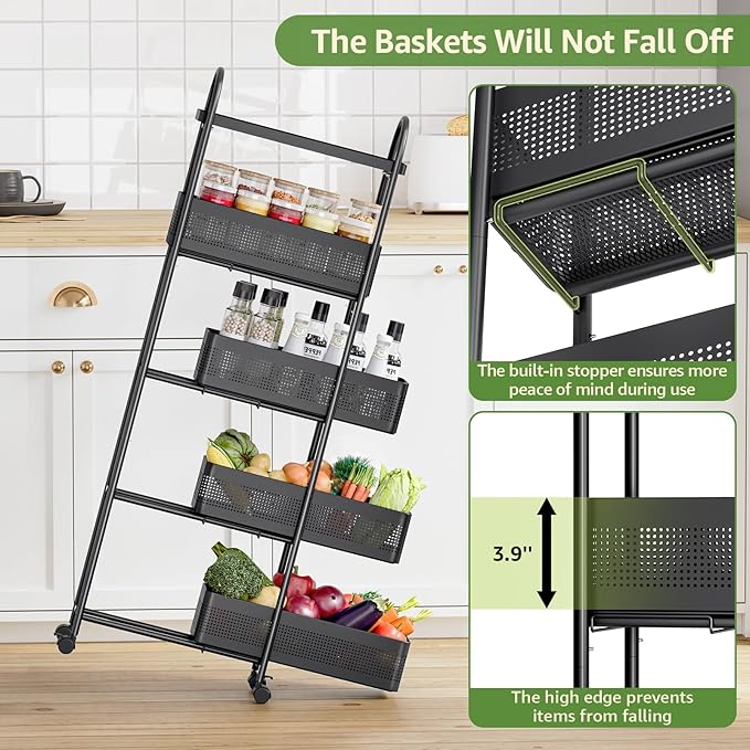 KINGRACK 5-Tier Slim Storage Cart with Pull Out Basket, Rolling Bathroom Organizer Utility, Metal Shelving Unit Slide Out, Lockable Wheels, Easy Assembly for Narrow Place, Kitchen, Laundry Room, Black