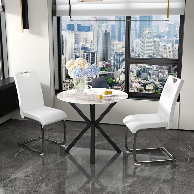 Marble Round Dining Table with Black Metal Legs, 32 in Modern Sintered Stone White Kitchen Table Circle Table for Dining Room Kitchen