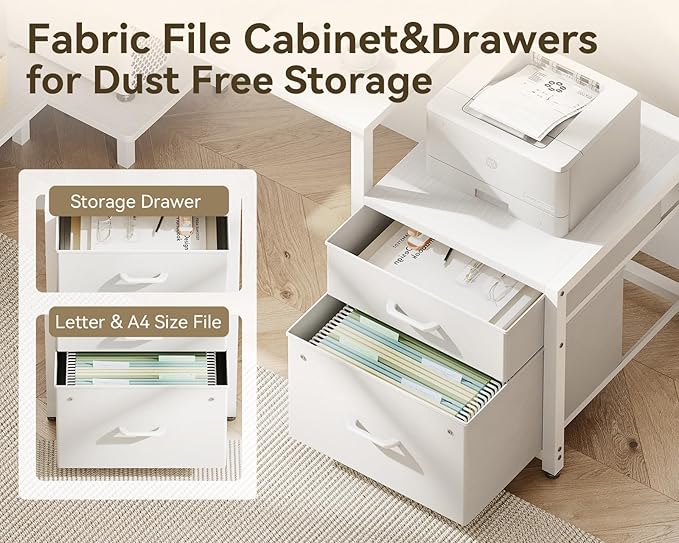 Casaottima L Shaped Desk with Drawers & File Cabinet, Reversible White Computer Desk with Storage Shelves & CPU Stand, Corner Desk with Power Outlets, L Table for Home Office