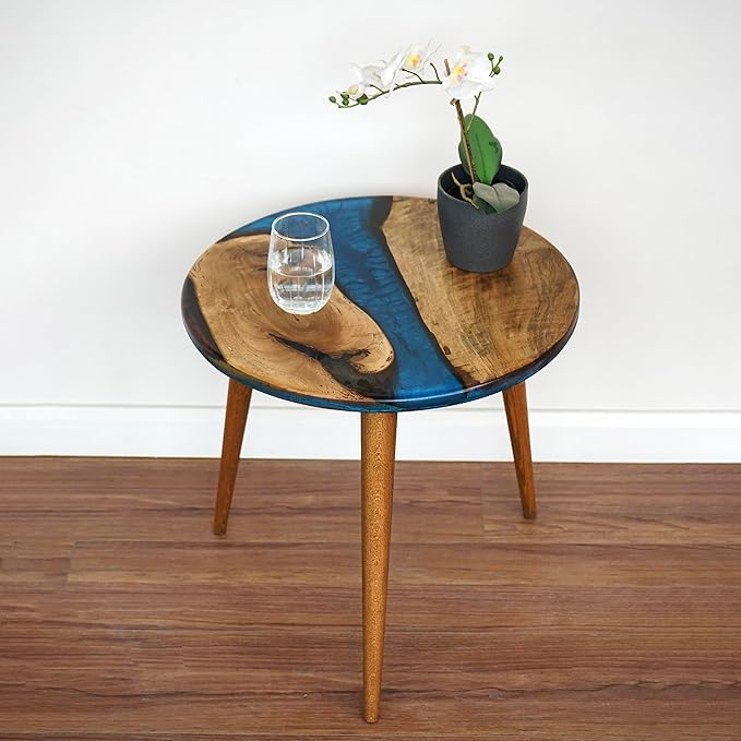 20" Resin Walnut Round Side Table | Epoxy End Table | Coffee Table | Mid Century Modern Resin Walnut | Living Room Furniture | Blue Color
