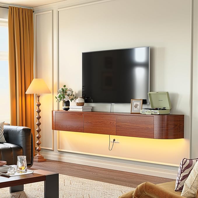 Fully Assembled Floating TV Stand with Drawers, 70IN Vintage Wall Mounted Entertainment Center, Minimalist Large Storage Console Under TV, Solid Wood Media Shelf for Living Room, Bedroom