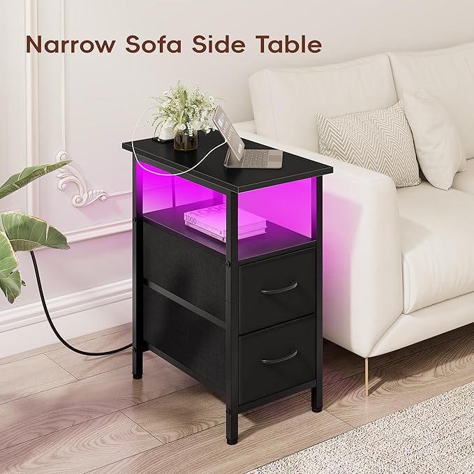 Vagusicc Set of 2 Black Nightstand with Charging Station and LED Lights, Narrow Side Table, LED Night Stand with 2 Fabric Drawers, Bedside Table Small End Table, Tall Nightstand for Bedroom, Black