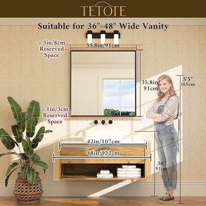 TETOTE Black Framed Mirror for Bathroom Vanity 36" x 36" Matte Black Rectangle Beveled Frame Wall Mirror for Over Sink, Tempered Glass, Modern Farmhouse Bedroom, Entryway, Living Room