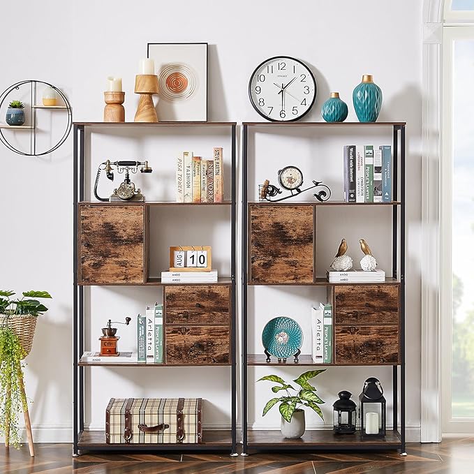 VECELO 5-Tier Bookshelf,Bookcase with 2 Storage Drawers and 1 Cabinet, Wooden Shelf with Metal Frame Open Book Shelves Standing Shelf Unit for Living Room, Bedroom,Office