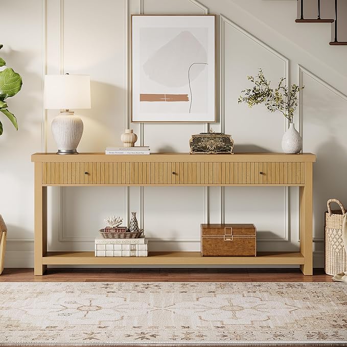 Tribesigns 70.9 inch Console Table with 3 Drawers, Extra Long Entryway Table, Wood Sofa Table Oak Furniture with Open Storage Shelves Wooden Couch Table Foyer Tables for Living Room Hallway Entrance