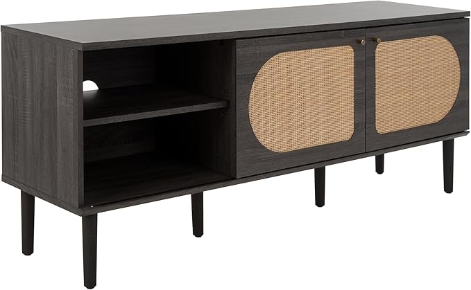 SAFAVIEH Claude TV Stand for up to 65" Flatscreen – Distressed Black, 2 Sliding Doors with Interior Storage, 2 Open Shelves, Entertainment Media Console (MED9610E)