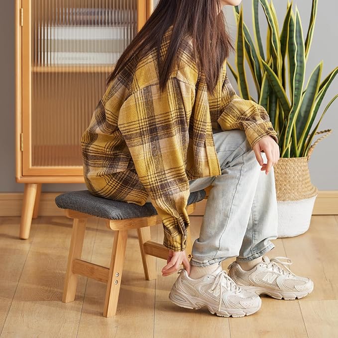 Foot Stool Ottoman Foot Rest Under Desk,Small Stool for Living Room, Bedroom and Kitchen (Natural Legs - Gray Stool Surface)