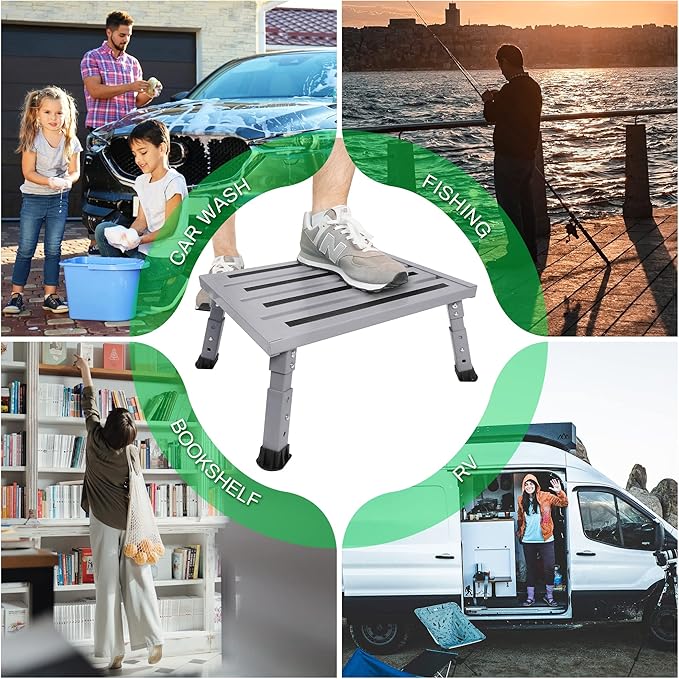 Adjustable Height Aluminum RV Step, Stable Foldable Platform Step Stool, Supports Up to 1,000 lb, Non-Slip Rubber Feet and Platform Mat, Easy to Carry (Silver)
