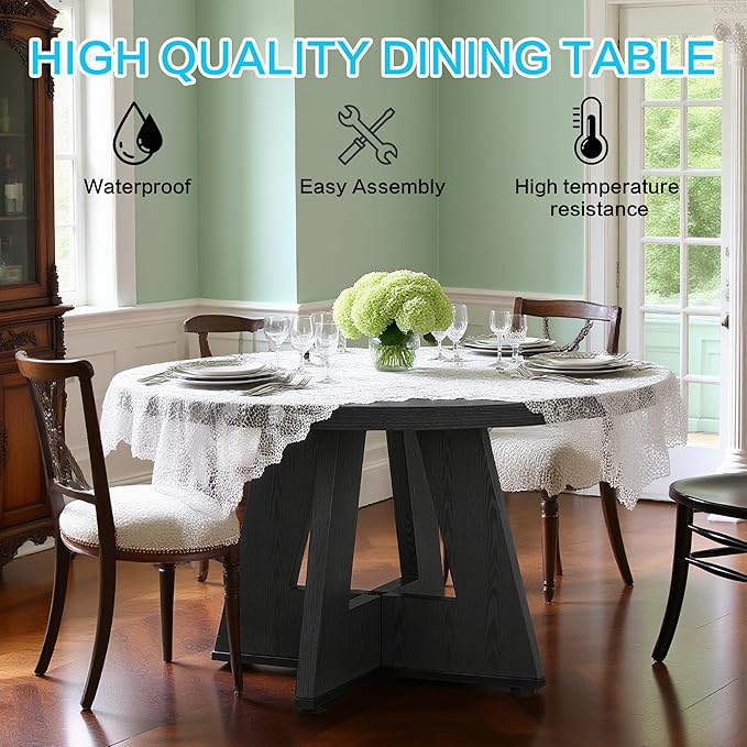 47" Round Dining Table for 4-6, Modern Dinner Table Farmhouse Round Small Kitchen Tables with Wooden Cross Base for Dining Room, Kitchen, Living Room, Black