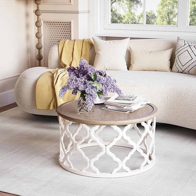 karlott Farmhouse Coffee Table, French Country Round Coffee Table with Distressed Tray Top, Coastal Coffee Table with Curved Motif Frame Base, Boho Coffee Table for Living Room, Dining Room, Bedroom