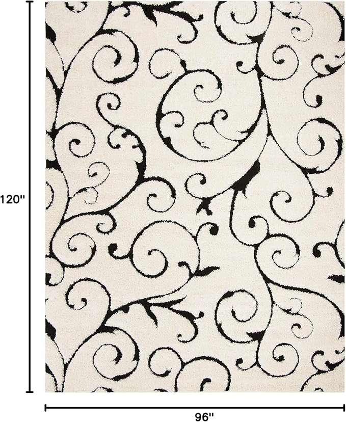 SAFAVIEH Florida Shag Collection Area Rug - 8' x 10', Ivory & Black, Scroll Design, Non-Shedding & Easy Care, 1.2-inch Thick Ideal for High Traffic Areas in Living Room, Bedroom (SG455-1290)