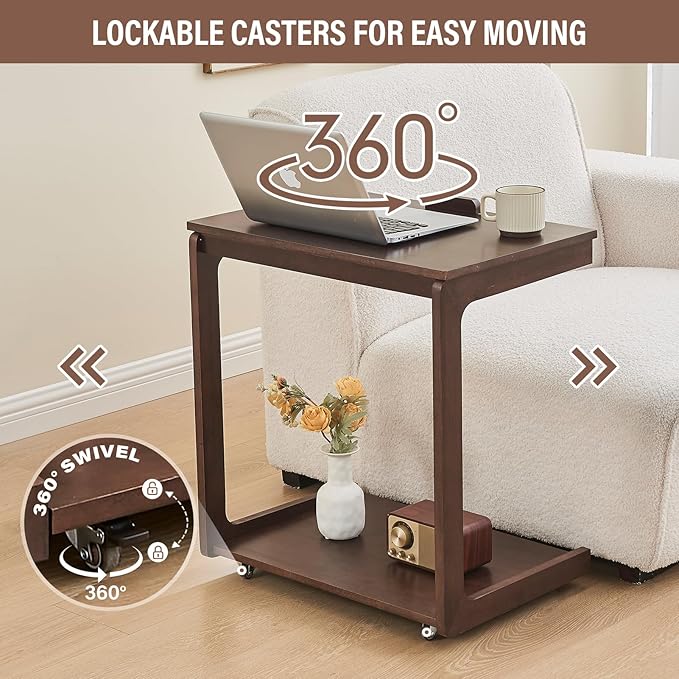 CozyDH Adjustable C Shaped End Table, Rolling Side Table Solid Wood TV Sofa Tray Table for Couch Arm Eating Multi-Purpose, Small Coffee Table with Wheels Living Room Bedroom, Dark Walnut