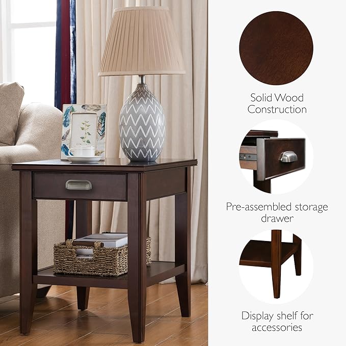 Leick Home Laurent End Table, Solid Wood, 1 Storage Drawer, Bottom Display Shelf, Easy-Assembly, For Living Room/Bedroom, Chocolate Cherry, 20.0 in. L x 24.0 in. W x 24.0 in. H, 10507