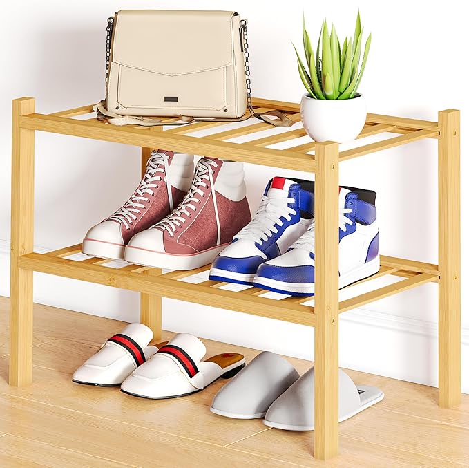 Smiry Shoe Rack, 2 Tier Small Bamboo Shoe Organizer, Stackable Free Standing Wooden Shoe Storage Shelf for Closet, Entryway, Front Door Entrance, Natural