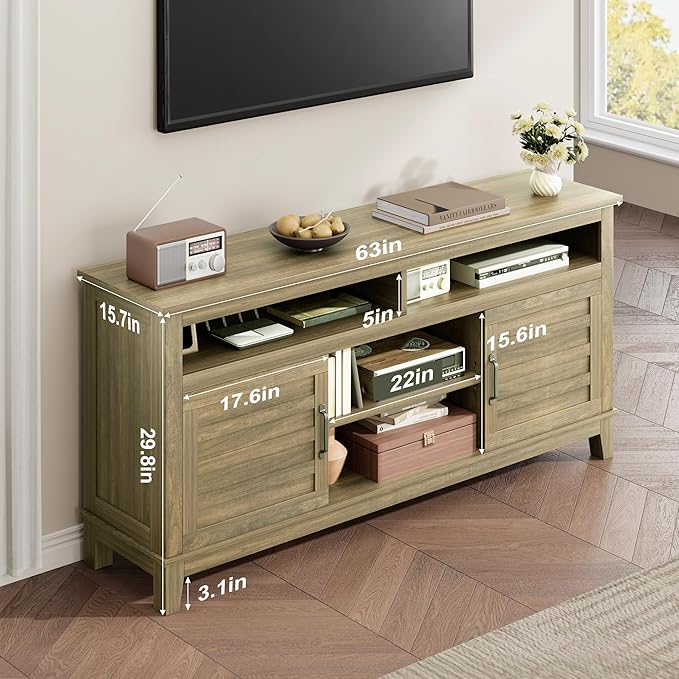 GarveeHome TV Stand for 63 in, Entertainment Center with Adjustable Shelves, Farmhouse TV Stand with Cabinet Doors,for Living Room, Bedroom (Wood Color, 63)