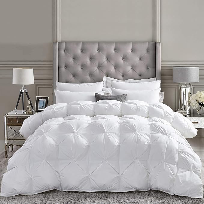 Luxurious All-Season Goose Down Feather Fiber Comforter Twin Size Duvet Insert, Exquisite Pinch Pleat Design, Premium Baffle Box, 100% Egyptian Cotton Cover, 50 oz. Fill Weight, White